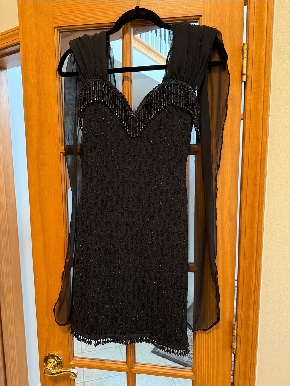 Black Beaded Slip Dress Chemise with Sheer Shawl